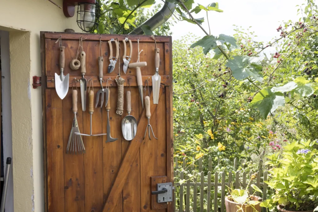 Geöffnete Schuppentür mit Vielzahl an Werkzeugen, die an Nägeln hängen
